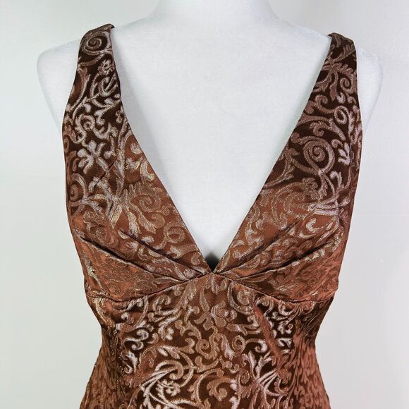 Jessica McClintock Brown V‎ Neck Ruffle Hem Rhinestone Dress Size 12 - Picture 5 of 12